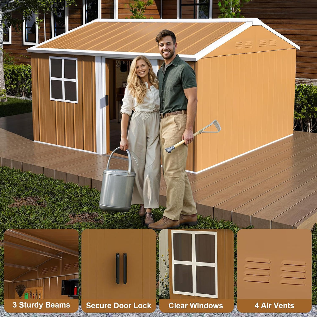 Montary 10X12 FT Outdoor Storage Shed with Windows, Lockable Door & Ventilation - Weatherproof Metal Garden Shed, Outdoor Tool Storage House for Backyard, Lawn, Patio,Yard