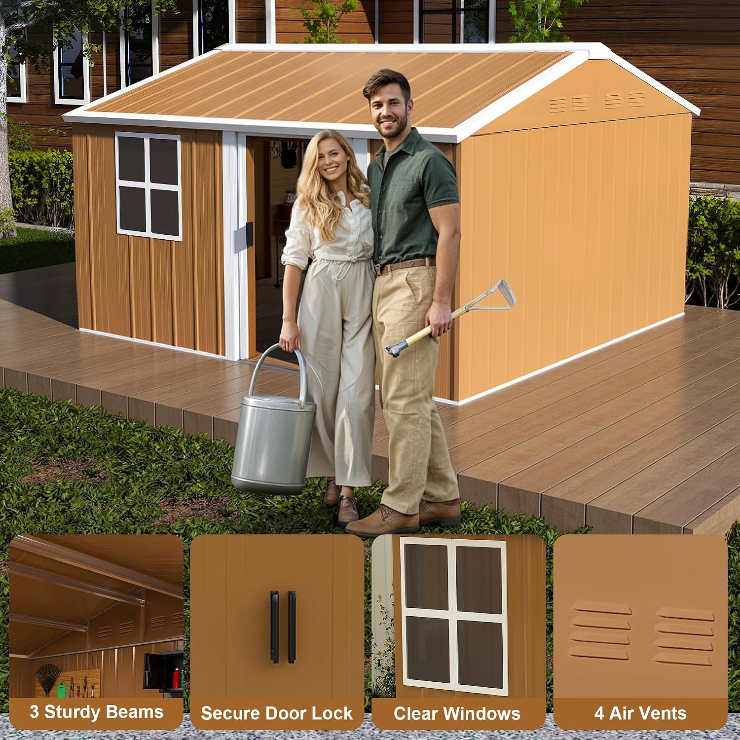 Montary 10X12 FT Outdoor Storage Shed with Windows, Lockable Door & Ventilation - Weatherproof Metal Garden Shed, Outdoor Tool Storage House for Backyard, Lawn, Patio,Yard