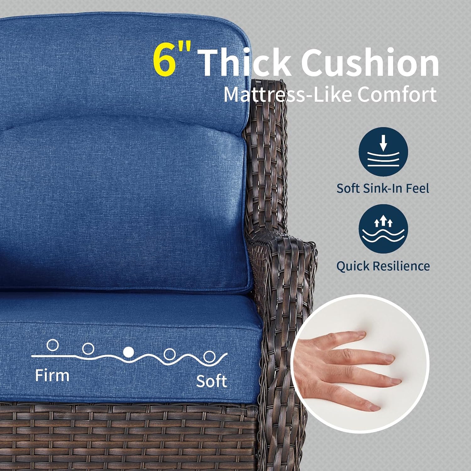 Outdoor Wicker Swivel Rocker Chair with 6-Inch Thick Cushions, High Back Patio Glider Chair, 360° Swivel & Rocking Motion for Porch, Deck, Balcony, Poolside, Brown/Blue