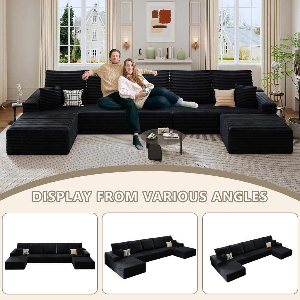 166.9' Cloud Sectional Couch with U-Shaped Chaise, Corduroy Sectional Sofa with Ottoman, Boneless Couch with Deep Seat in a Box for Living Room, No Assembly Required (Black, Left Facing Chaise)