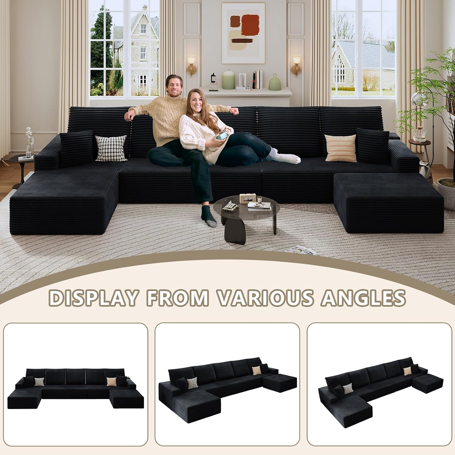 166.9' Cloud Sectional Couch with U-Shaped Chaise, Corduroy Sectional Sofa with Ottoman, Boneless Couch with Deep Seat in a Box for Living Room, No Assembly Required (Black, Left Facing Chaise)