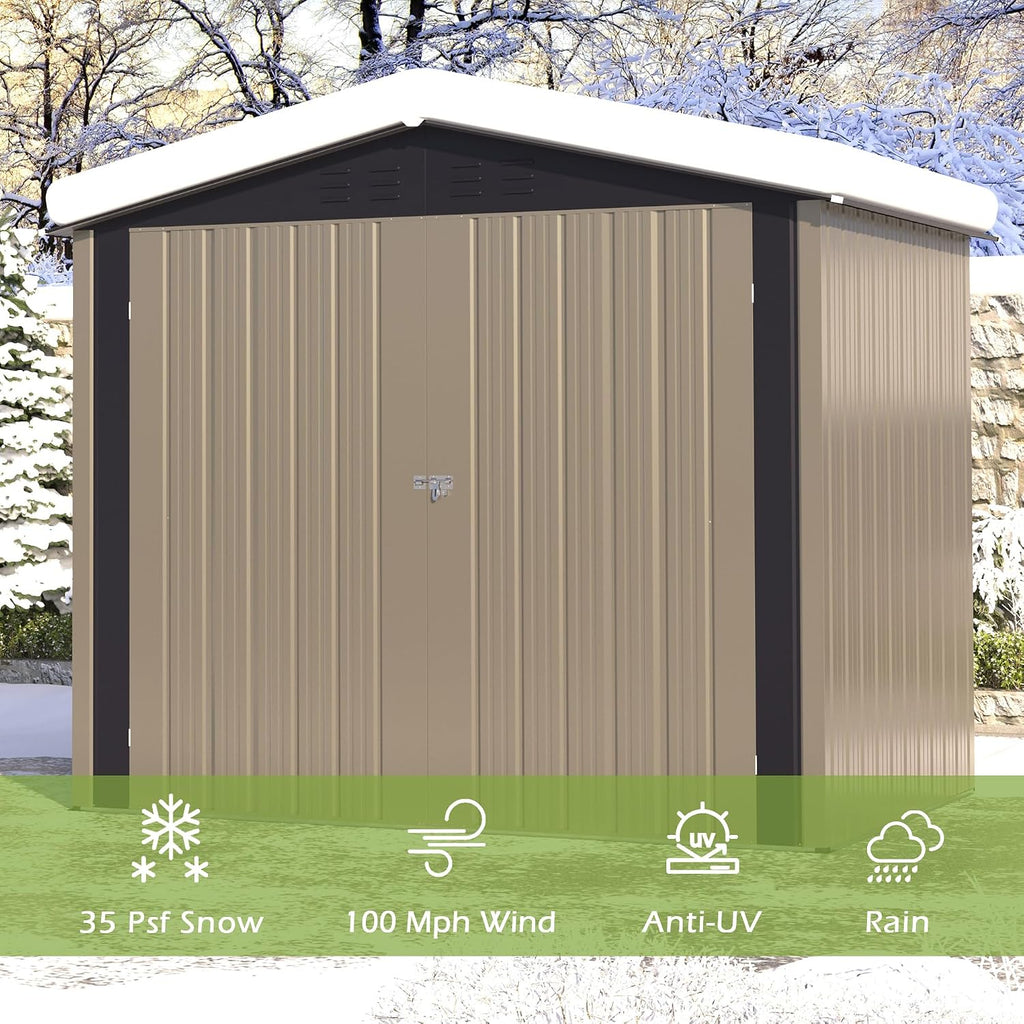 6x4 FT Outdoor Storage Shed, Metal Shed with Air Vents & Lockable Doors, Waterproof Galvanized Steel Shed for Garden, Backyard—Tool & Bicycle Storage(Brown)