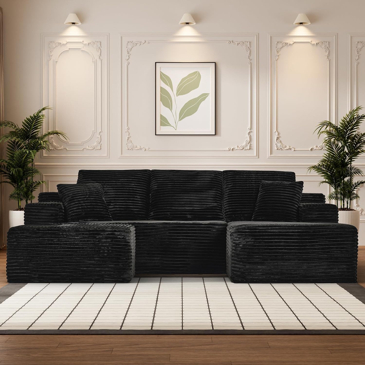 108' Boneless Couches for Living Room, U Shaped Comfy Cloud Modular Sectional Memory Foam Deep Seat Boneless Couch, No Assembly Required Sofa for Living Room with Right Facing Chaise & Ottoman, Black