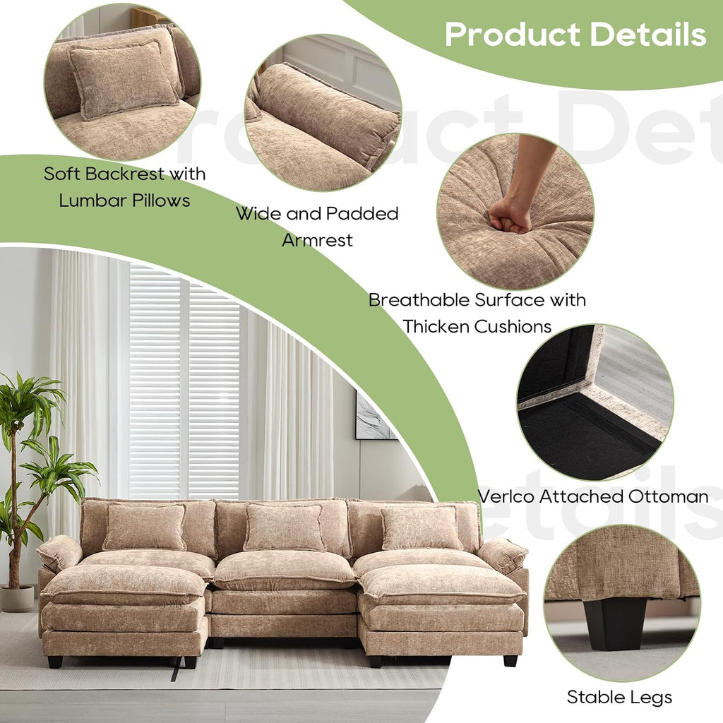 Oprisen 120' Modular Sectional Sofa, Comfy Cloud Couch Sectional Sofa with Ottoman, Chenille Sofa Sleeper Deep Seat Sofa with Throw Pillows for Living Room (Khaki, 120'- U Shape)