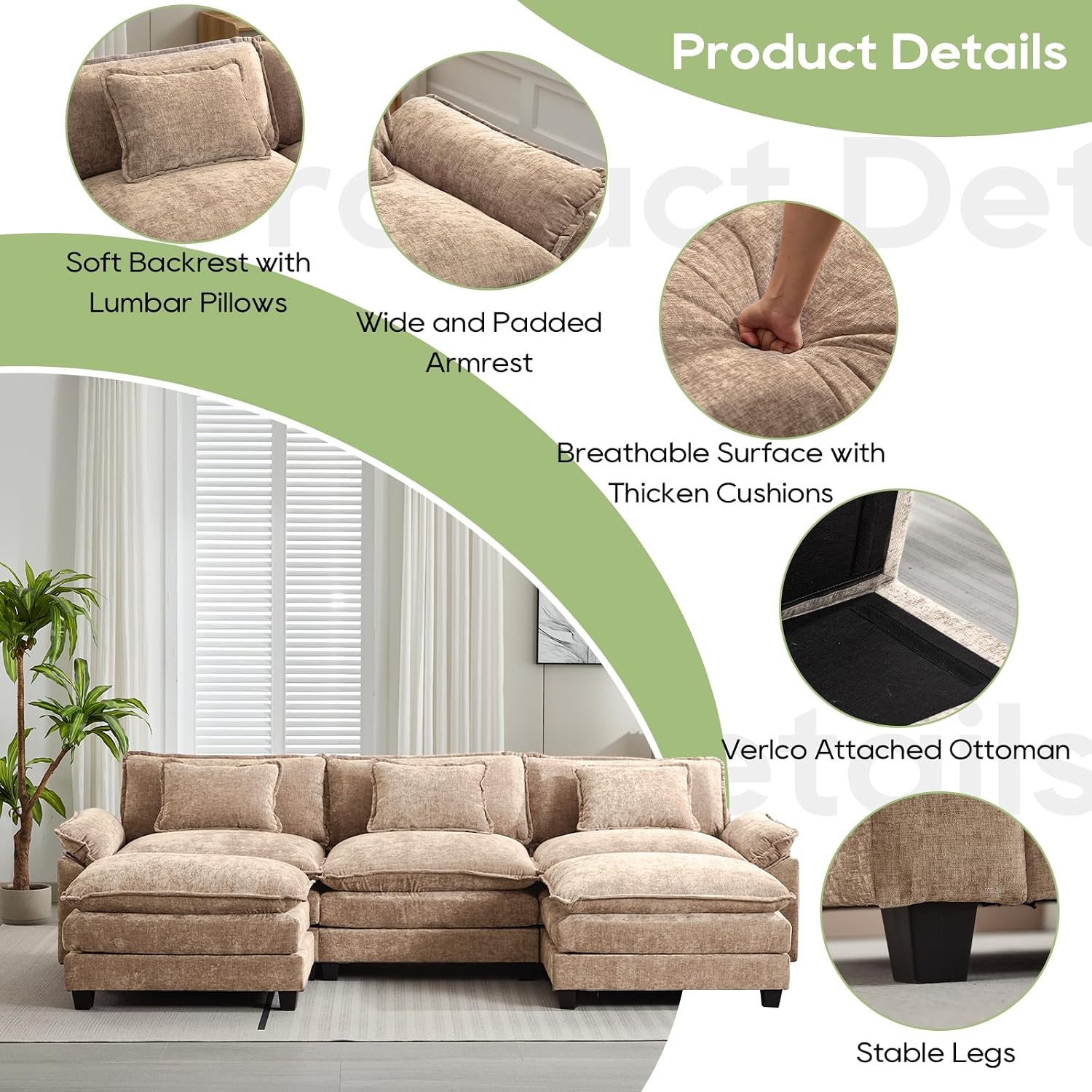 Oprisen 120' Modular Sectional Sofa, Comfy Cloud Couch Sectional Sofa with Ottoman, Chenille Sofa Sleeper Deep Seat Sofa with Throw Pillows for Living Room (Khaki, 120'- U Shape)