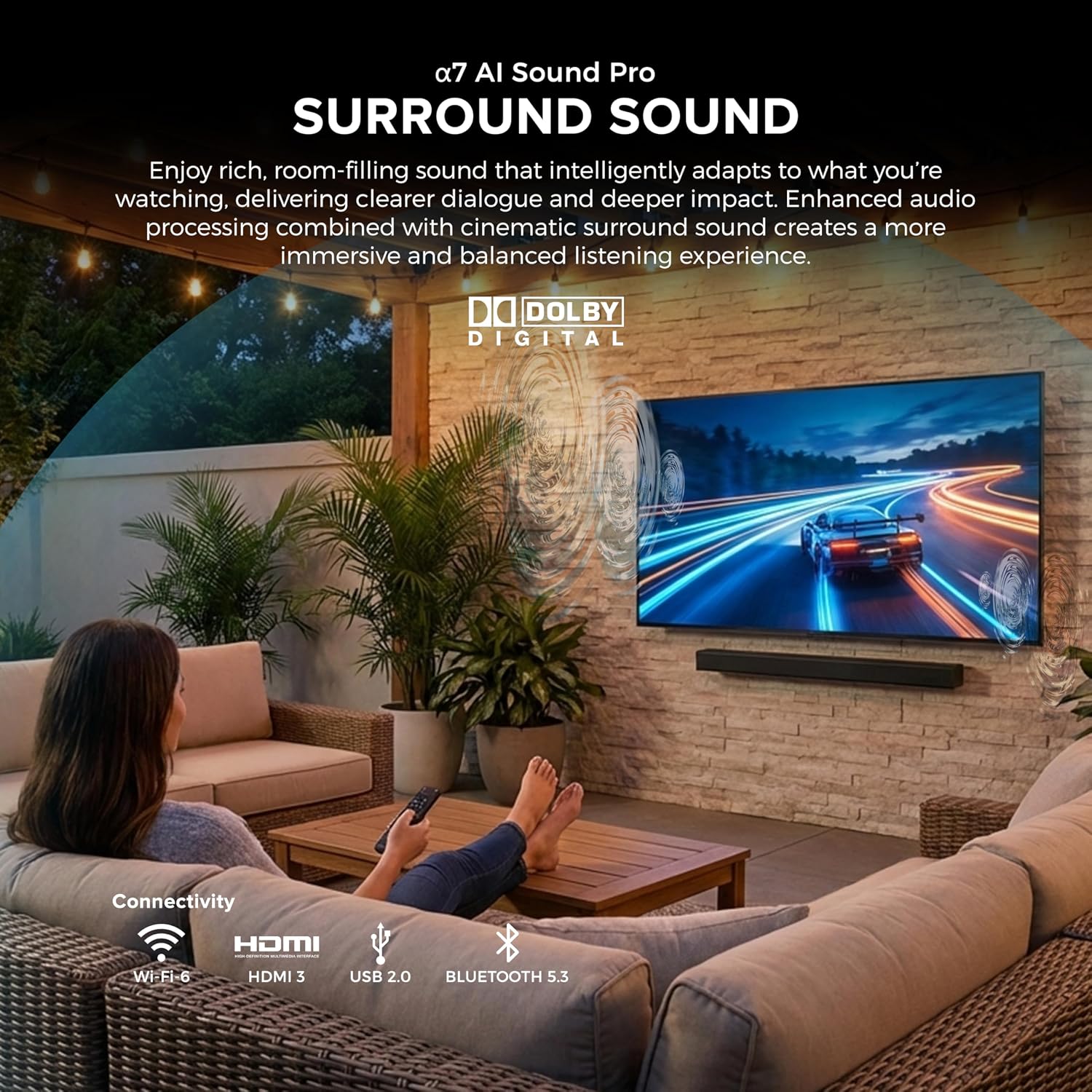 Titan L200 QNED 65 Inch Outdoor TV, Partial Sun, IP65 Smart Weatherproof TV, 4K HDR, 120 Hz, Web AI OS, 1500 Nits, Wi-Fi 6E, Dolby Digital, Outdoor TV Cover, Slim Bezel, 2 Yr Wty