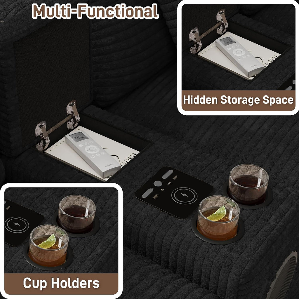 152' Oversized U Shaped Cloud Couches for Living Room, Fluffy Large Modular Sectional Sofa Set with Ottoman Chaise Comfy Corduroy Black Boneless Couch with Cup Holder Bluetooth Speaker USB Port