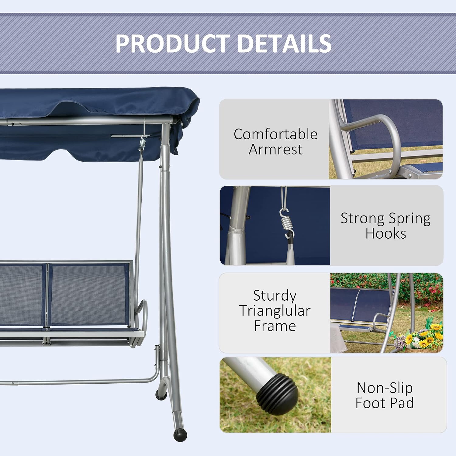 Outsunny 3-Seat Outdoor Porch Swing Chair, Patio Swing Glider with Adjustable Canopy, Breathable Seat, and Steel Frame for Garden, Poolside, Backyard, Blue