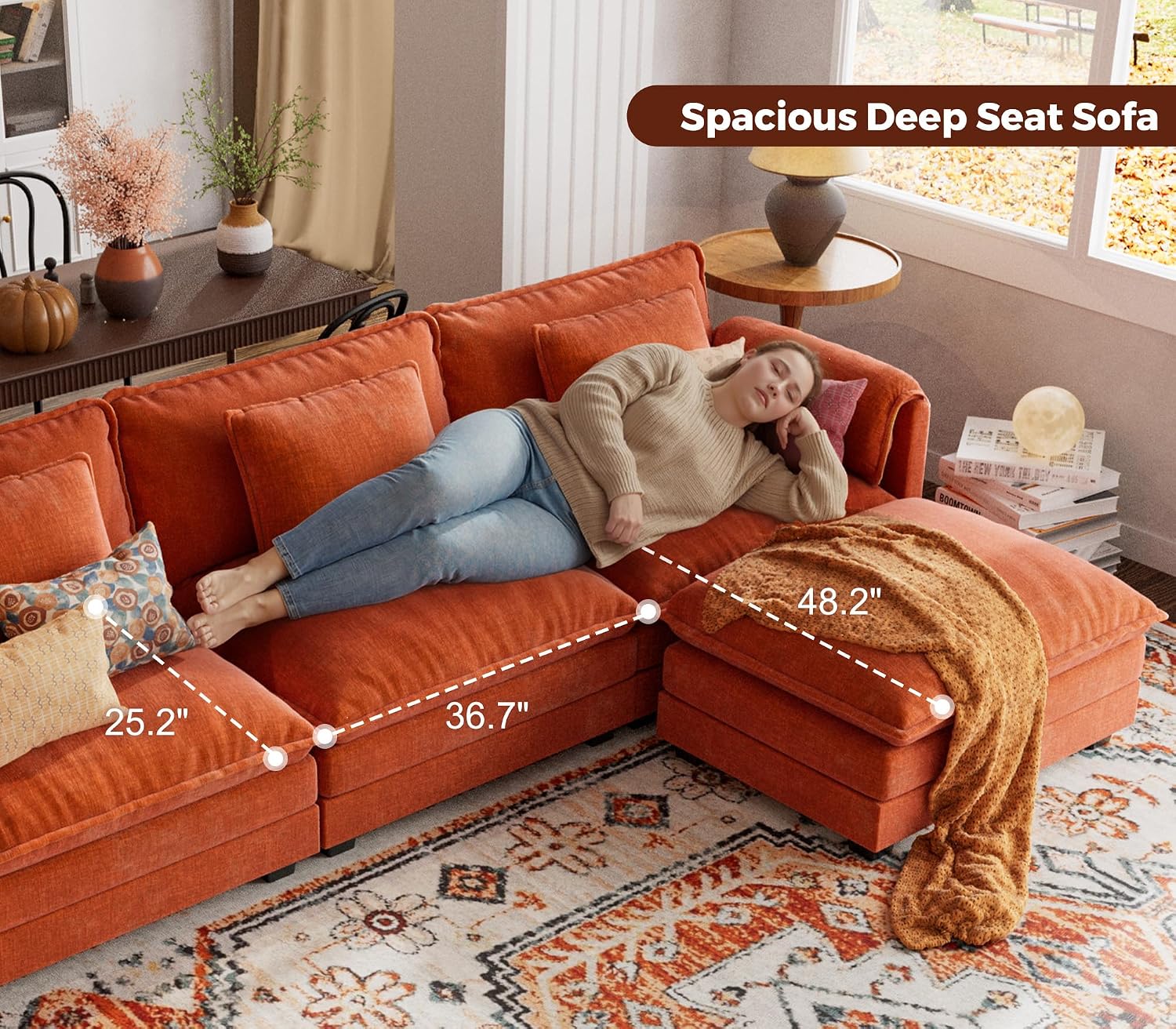 ELUCHANG Oversized 113' Modular Sectional Sofa, Comfy Cloud Couch, L Shaped Deep Seat Sofa Couches for Living Room, 4-Seater Modern Sofa with Movable Ottoman, DIY Combination - Chenille Terracotta