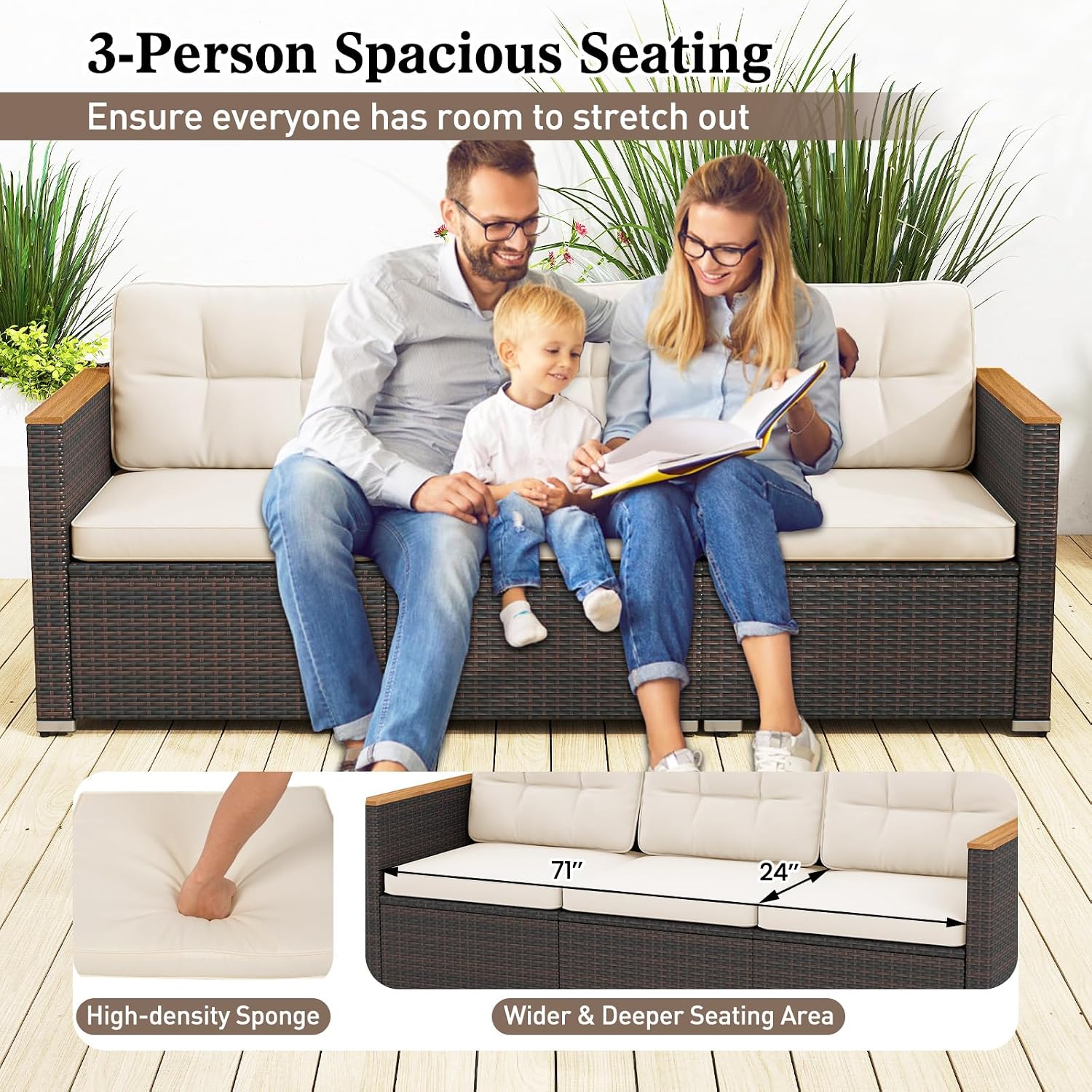 Tangkula 3-Seat Patio Wicker Couch Sofa, Outdoor 3 Seater Rattan Furniture Set with Acacia Wood Armrests & Thick Cushion, Outside Sectional Sofa Couch for Porch, Deck, Garden and Backyard, Off White