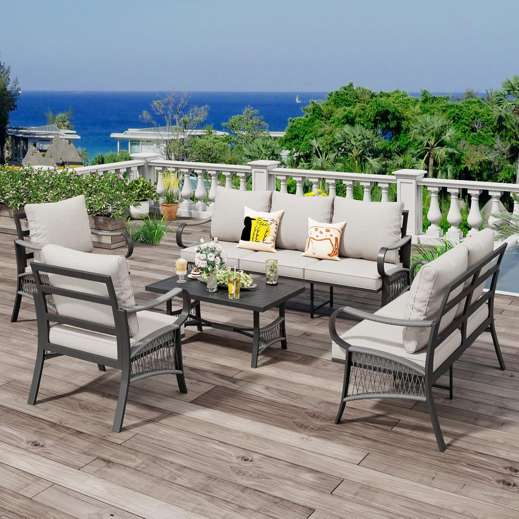 5 Piece Patio Furniture Set, 7 Seat Metal Outdoor Sectional Sofa Set with Thick Cushions, All Weather Patio Conversation Set with Coffee Table for Garden, Porch, Lawn, Beige