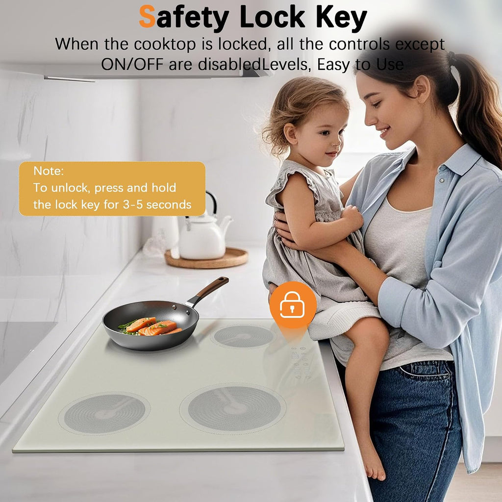 Electric Cooktop 24 Inch - 4 Burner Electric Cooktop Built-in 6000W Beige-Grey, 24 Inches Electrical Four Burner Stove Top with 99-Min Timer, Safety Lock, 220-240V Hard Wired (No Plug)
