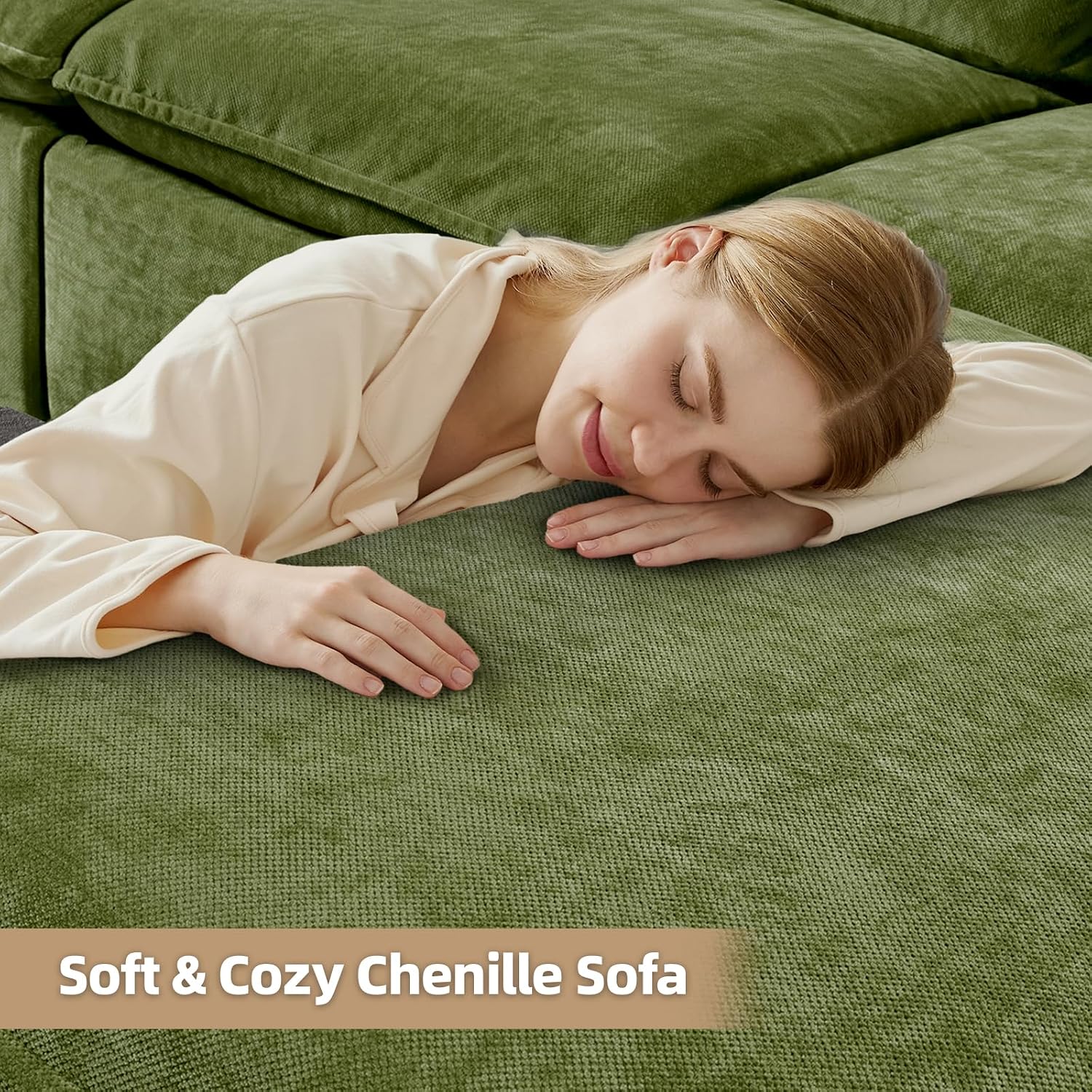HALLYBEE 112' Cloud Couch Sectional with Padded Armrests & Moveable Ottoman Boneless Sectional Couches for Living Room Green Couch, No Assembly Required