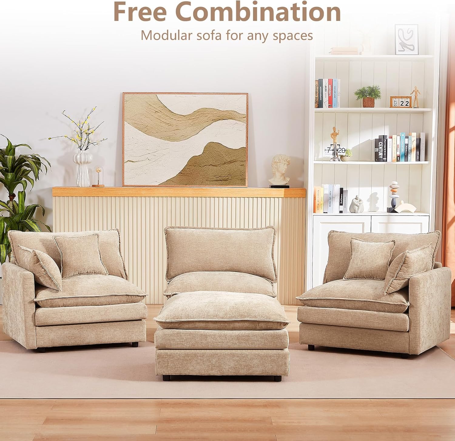 GNIXUU 102' Modular Sectional Sofa, L Shaped Cloud Couch with Movable Ottoman & 4 Pillows, Deep Seat Chenille 4 Seater Sectional Couches for Living Room, Apartment (Camel)