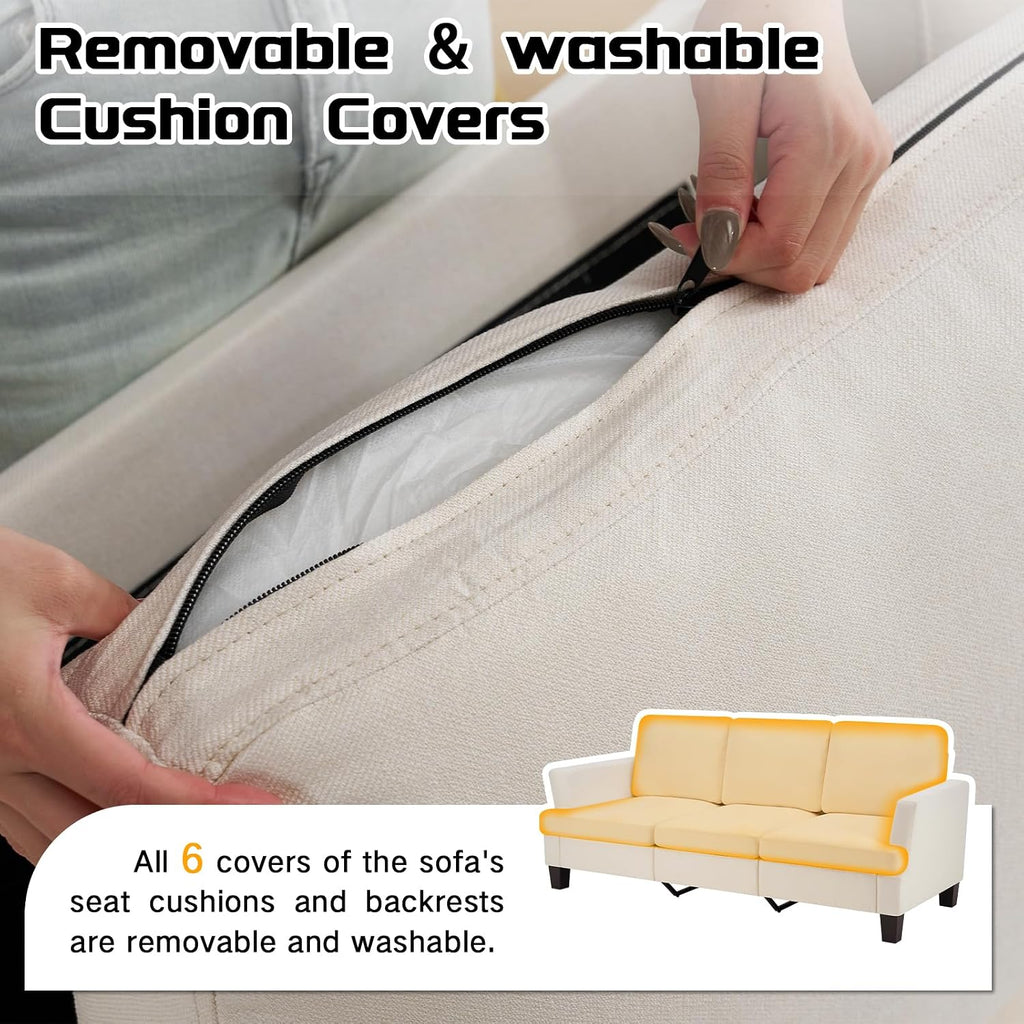 3 Seater Couch, 84' Comfy Linen Fabric Sofa with Deep Seat for Living Room, Modern Beige Sofa Couches for Bedroom, Apartment and Office (No Pillow)