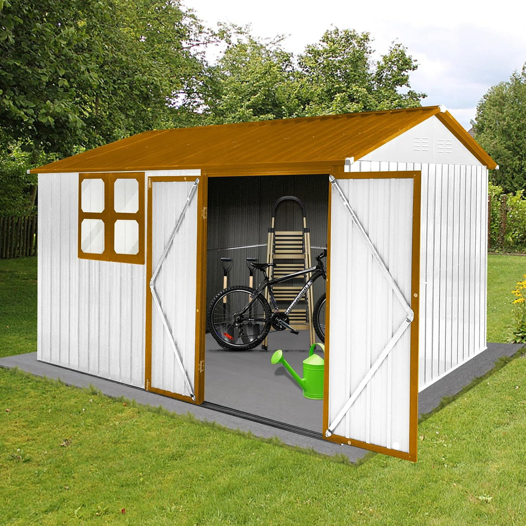 10x8 ft Outdoor Metal Storage Shed with Window, Aluminum Frame and Galvanized Steel Plate Tool Shed with Lockable Door, Air Vent, Waterproof Garden Storage House for Backyard (Yellow/White)