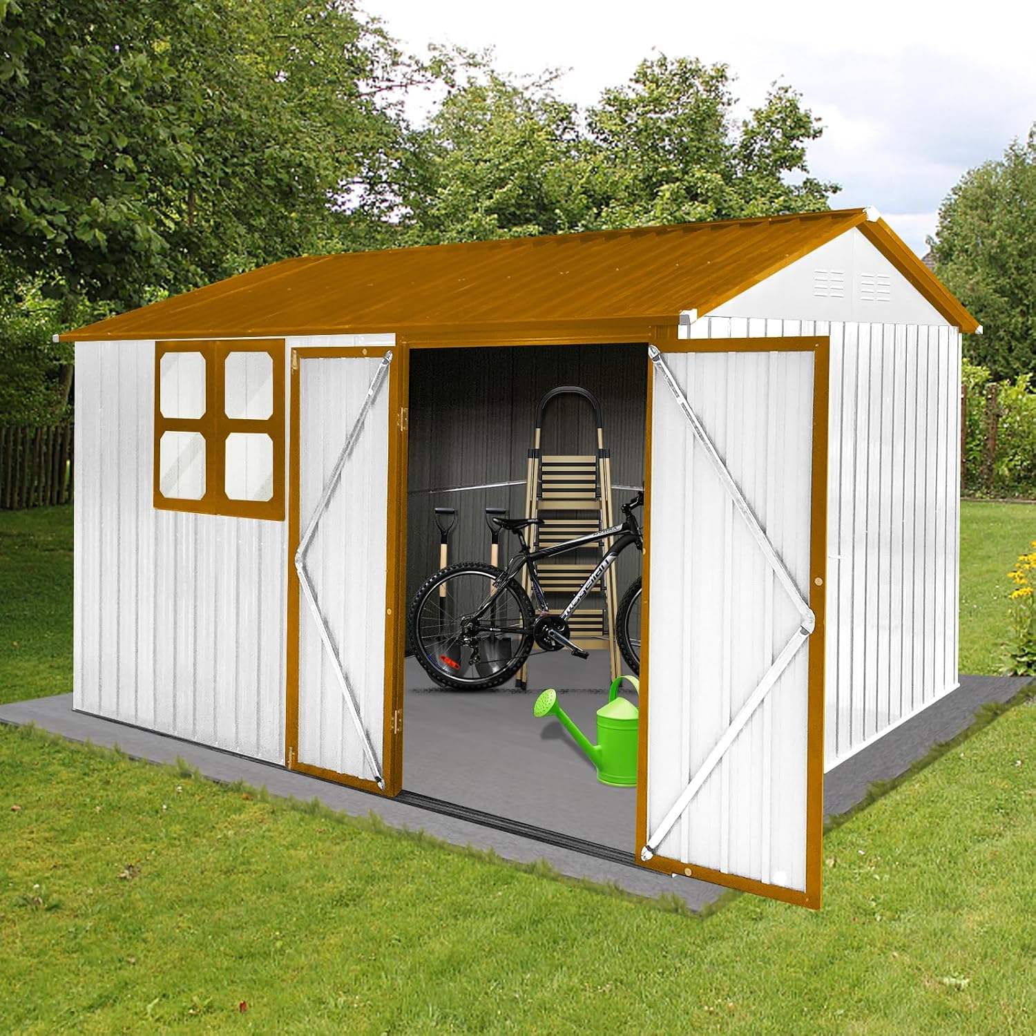 10x8 ft Outdoor Metal Storage Shed with Window, Aluminum Frame and Galvanized Steel Plate Tool Shed with Lockable Door, Air Vent, Waterproof Garden Storage House for Backyard (Yellow/White)