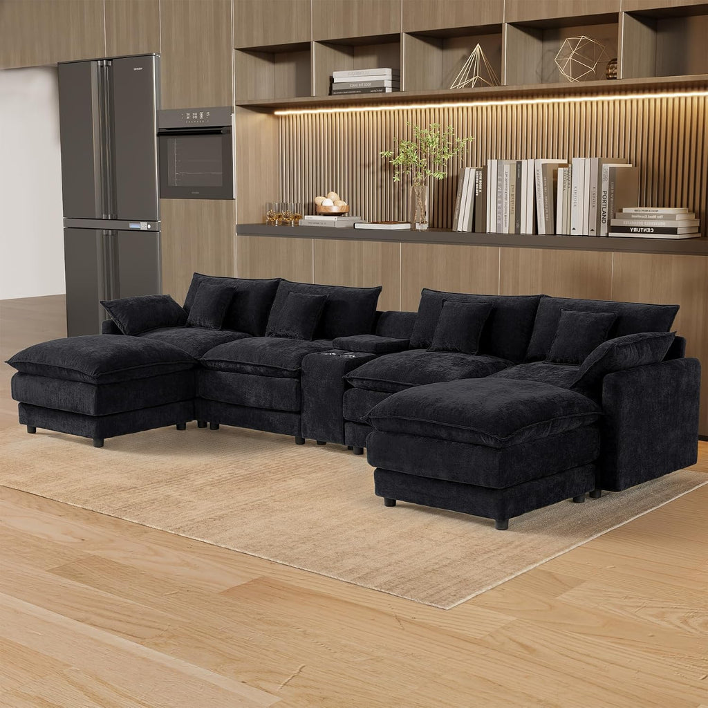 145' Oversized Modular Sectional Sofa U Shaped Cloud Couch Modern 6 Seat Sofa Set for Living Room Comfy Chenille Deep Seat with Storage Central Console, Movable Ottomans, Cup Holders, USB Ports, Black