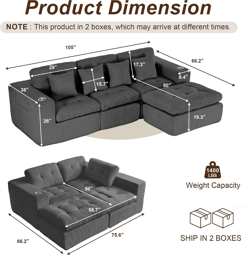 105' Modular Sectional Sofa, Cloud Sectional Couch with Deep Seat, Modern Corduroy Comfy L Shaped Couch with Chaise, Boneless Couches for Living Room Bedroom (Dark Gray)