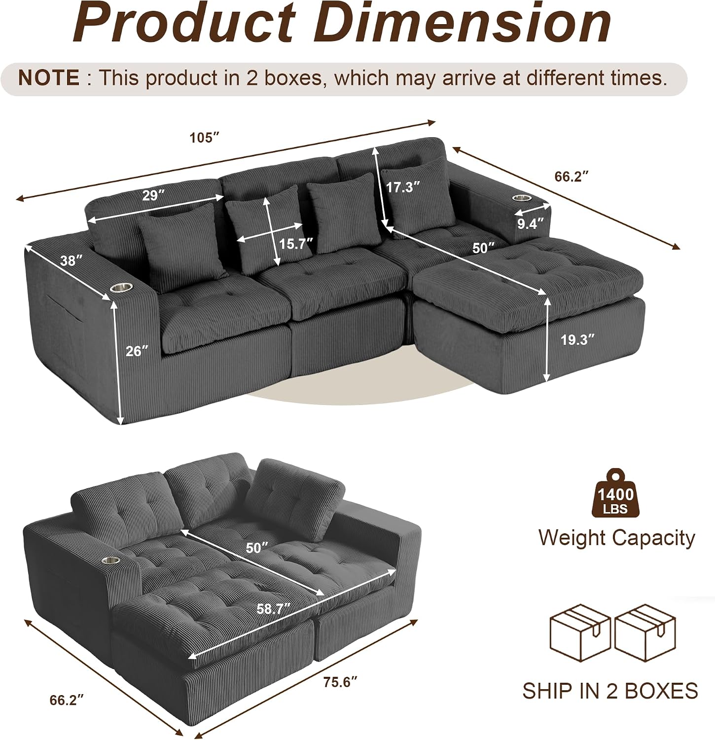 105' Modular Sectional Sofa, Cloud Sectional Couch with Deep Seat, Modern Corduroy Comfy L Shaped Couch with Chaise, Boneless Couches for Living Room Bedroom (Dark Gray)