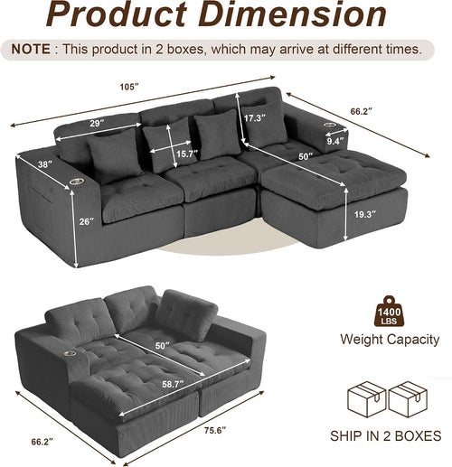 105' Modular Sectional Sofa, Cloud Sectional Couch with Deep Seat, Modern Corduroy Comfy L Shaped Couch with Chaise, Boneless Couches for Living Room Bedroom (Dark Gray)