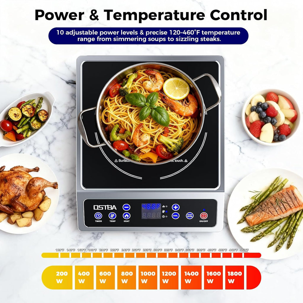 OSTBA 1800W Commercial Induction Cooktop, 7' Heating Coil Countertop Induction Burner, 10 Power Levels & 120–460°F Temperature Control, 3H Timer, Keep Warm, ETL Certified