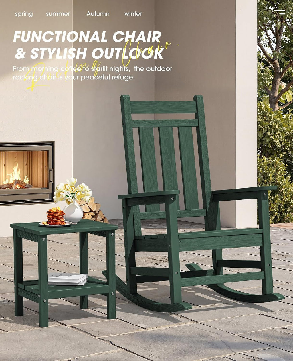 KINGYES Oversized Outdoor Rocking Chair, All-Weather Patio Rocking Chairs for Porch, HDPE Outdoor Patio Rockers with High Back & Wide Seat for Garden, Lawn, Green
