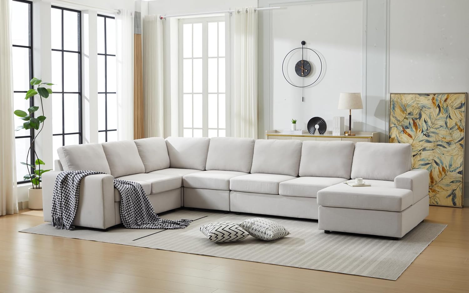 Ball & Cast 147' L-Shaped Sectional Couch for Living Room with Reversible Chaise & Removable Back Cushions,7 Seat Linen Upholstered Convertible Sectional Sofa Set,DIY Combination,for Home,Office,Beige