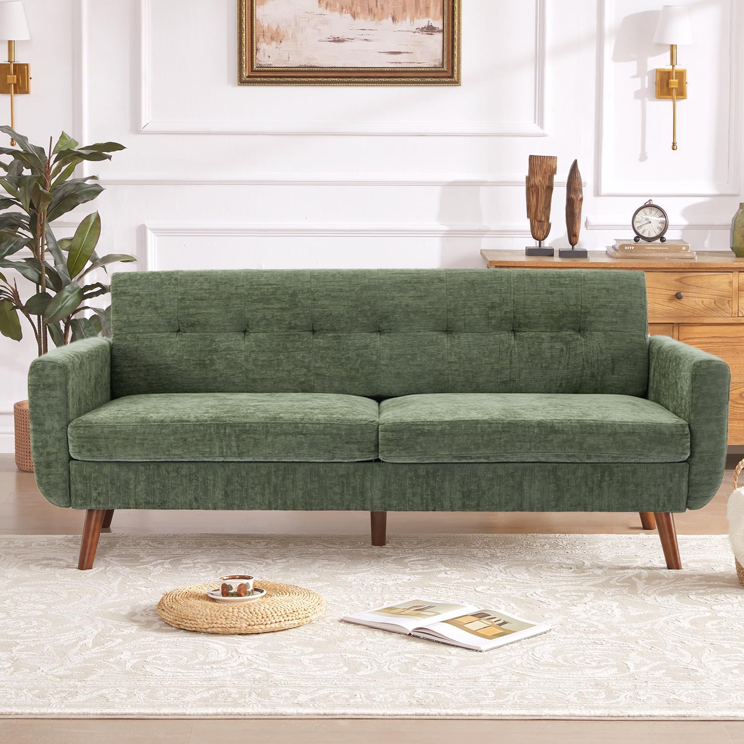 Tbfit 77.2' W Linen Sofa Couch, Mid Century Modern Decor Loveseat Couches for Living Room, Button Tufted Upholstered Small Couch for Bedroom, Solid, and Easy to Install Love Seats Furniture, Green