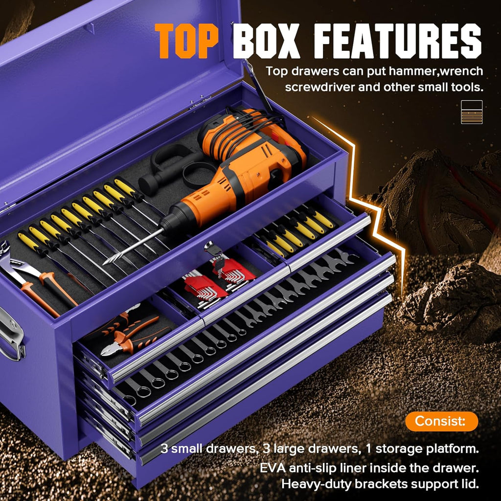 Oakcloud Lockable 8-Drawer Rolling Tool Chest & Cabinet Combo with Black Liner – Heavy-Duty Steel Garage Tool Box on Wheels – Detachable Top Toolbox & Bottom Storage Cart with Side Hooks, Purple
