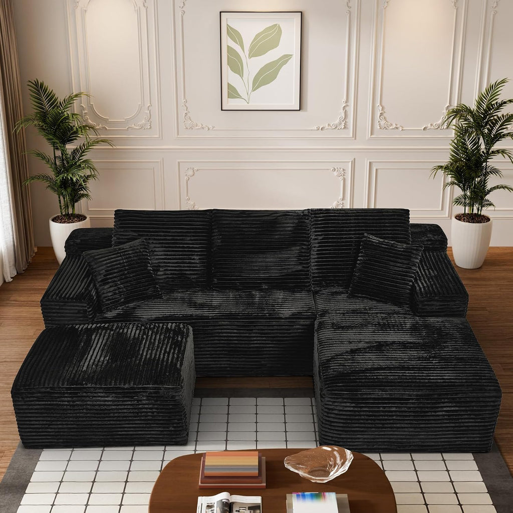 108' Boneless Couches for Living Room, U Shaped Comfy Cloud Modular Sectional Memory Foam Deep Seat Boneless Couch, No Assembly Required Sofa for Living Room with Right Facing Chaise & Ottoman, Black