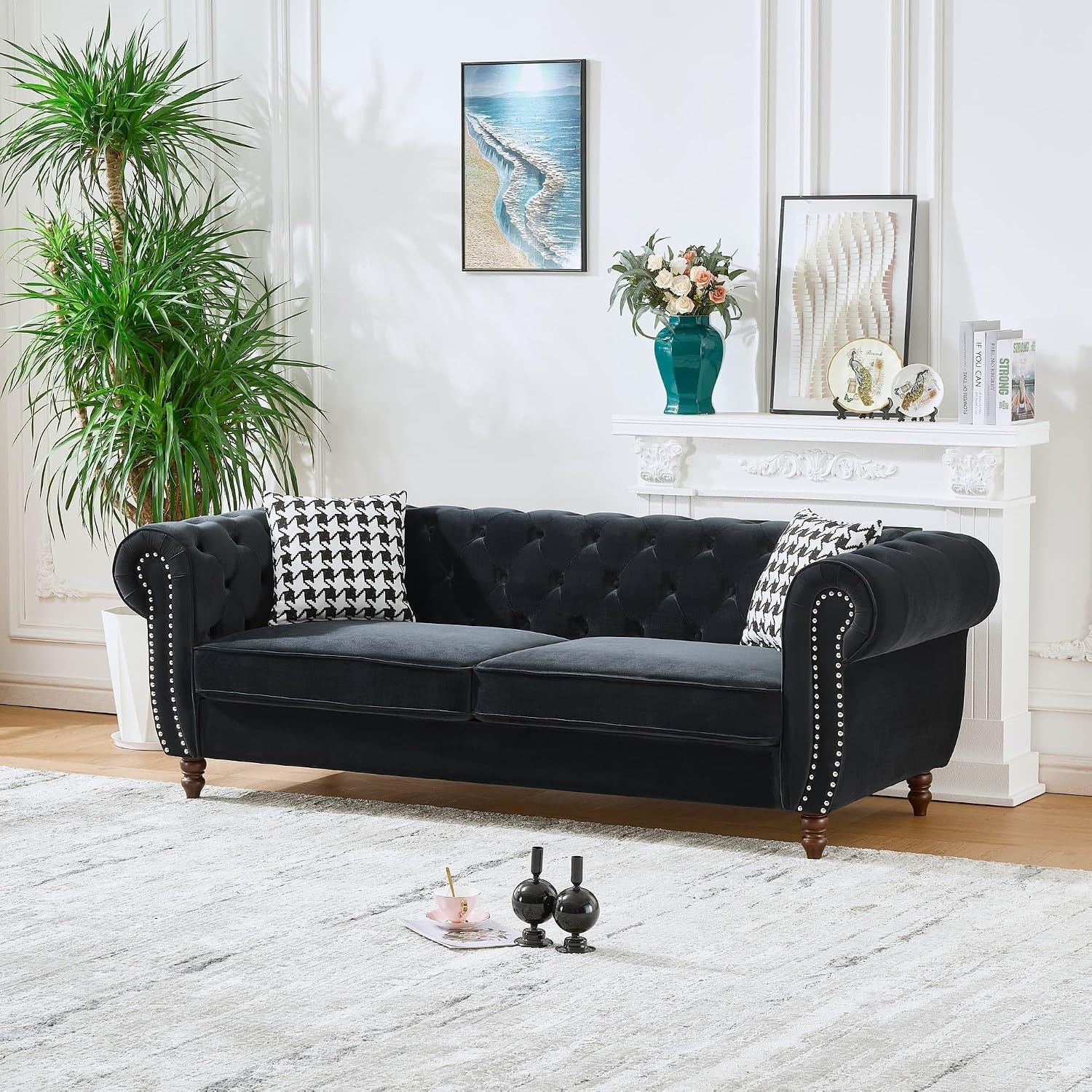 87' Velvet Tufted Sofa for Living Room, Elegant 3 Seater Upholstered Chesterfield Couch with Nailhead Rolled Arms and 2 Pillows for Home Office, Apartment, Studio, Black
