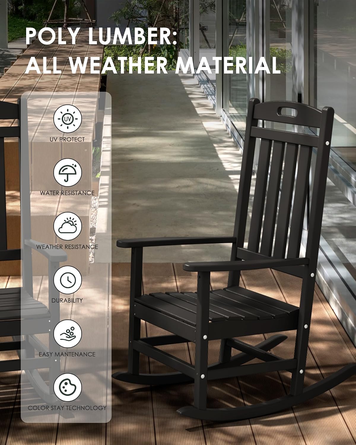 Outdoor Rocking Chair Set of 2, High Back Plastic Patio Rocking Chairs for Outside Porch Rocker Garden Lawn, All-Weather Resistant Poly Lumber Rocker Chair Outdoor, Dark Green
