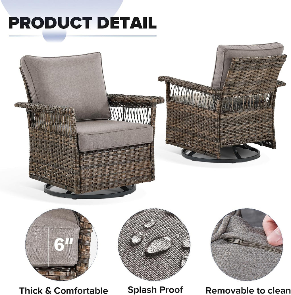 Outdoor Patio Rocking Swivel Chairs - 3PC Wicker Patio Bistro Rocker Chair Set,Rattan Glider Chair with Sturdy Frame,All-Weather PE Wicker and Cushions,1 Side Table for Deck Porch Balcony(Brown/Grey)