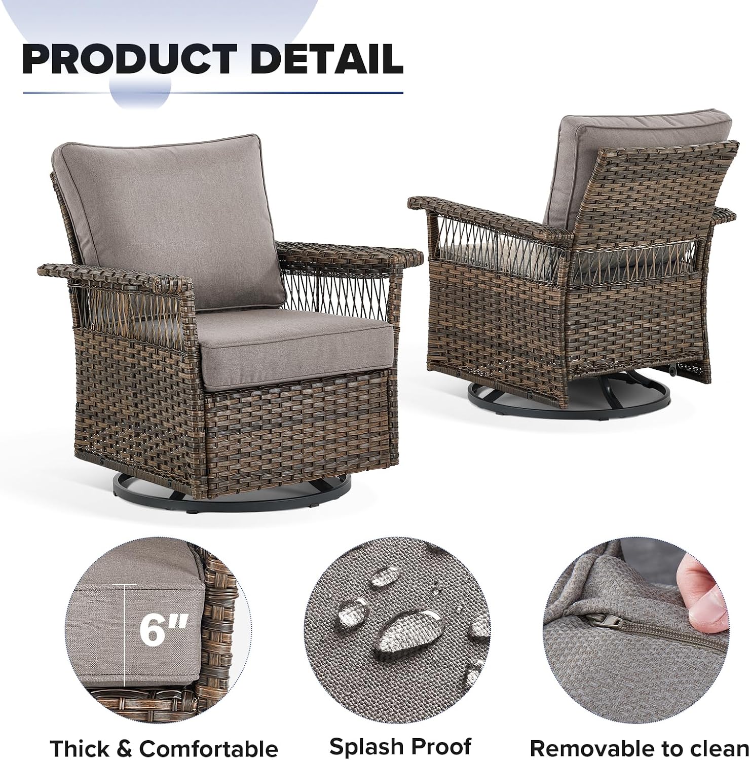 Outdoor Patio Rocking Swivel Chairs - 3PC Wicker Patio Bistro Rocker Chair Set,Rattan Glider Chair with Sturdy Frame,All-Weather PE Wicker and Cushions,1 Side Table for Deck Porch Balcony(Brown/Grey)