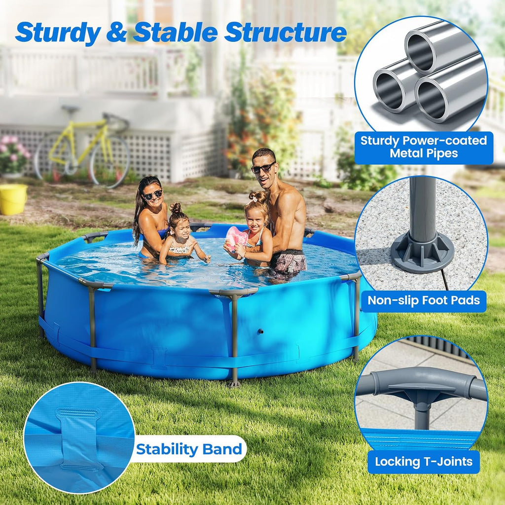 Moccha 10'x10' Round Above Ground Pool, Metal Frame Family Pool Set w/PVC Fabric, 3 Stoppers, Drainage Valve Connector, Outdoor Backyard Swimming Pool (10' Round, 1158 Gal, Blue)