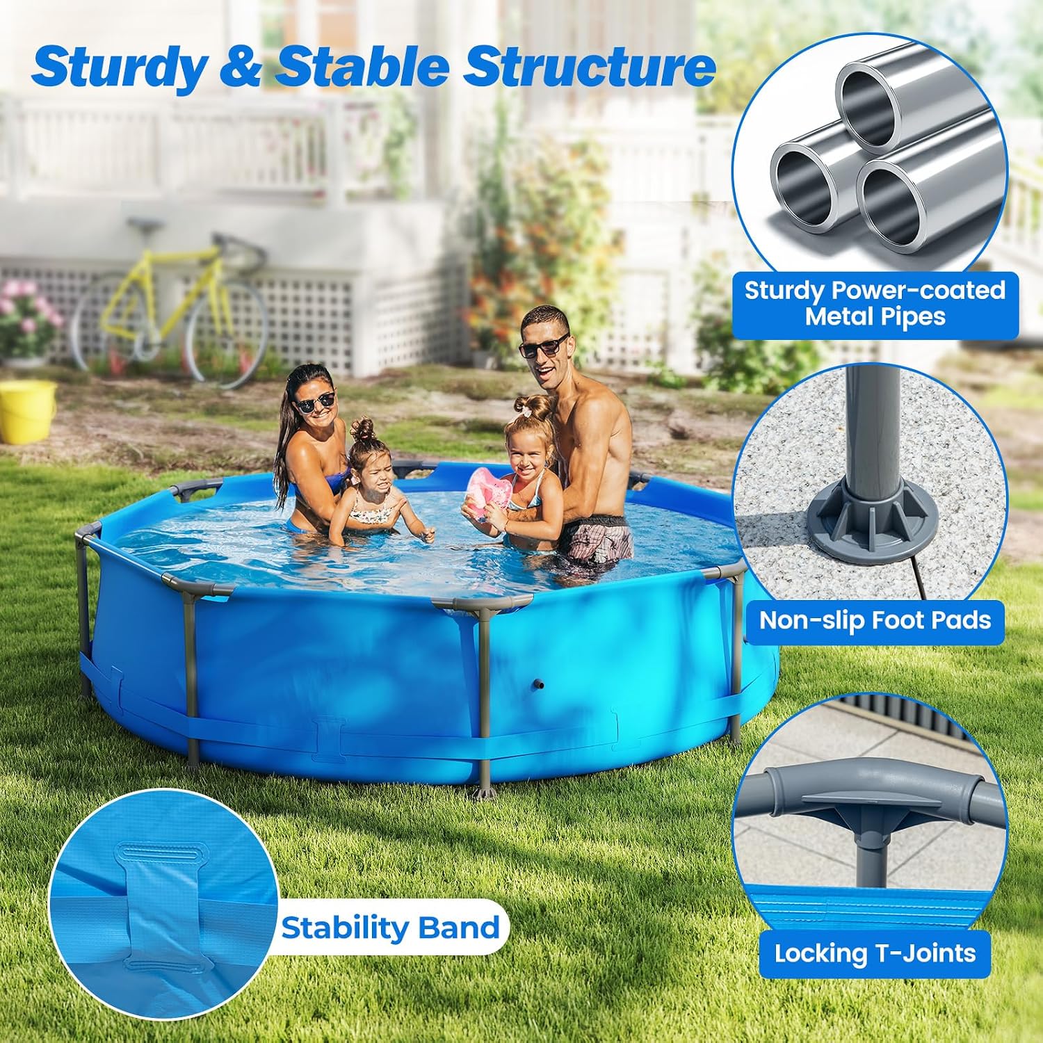 Moccha 10'x10' Round Above Ground Pool, Metal Frame Family Pool Set w/PVC Fabric, 3 Stoppers, Drainage Valve Connector, Outdoor Backyard Swimming Pool (10' Round, 1158 Gal, Blue)