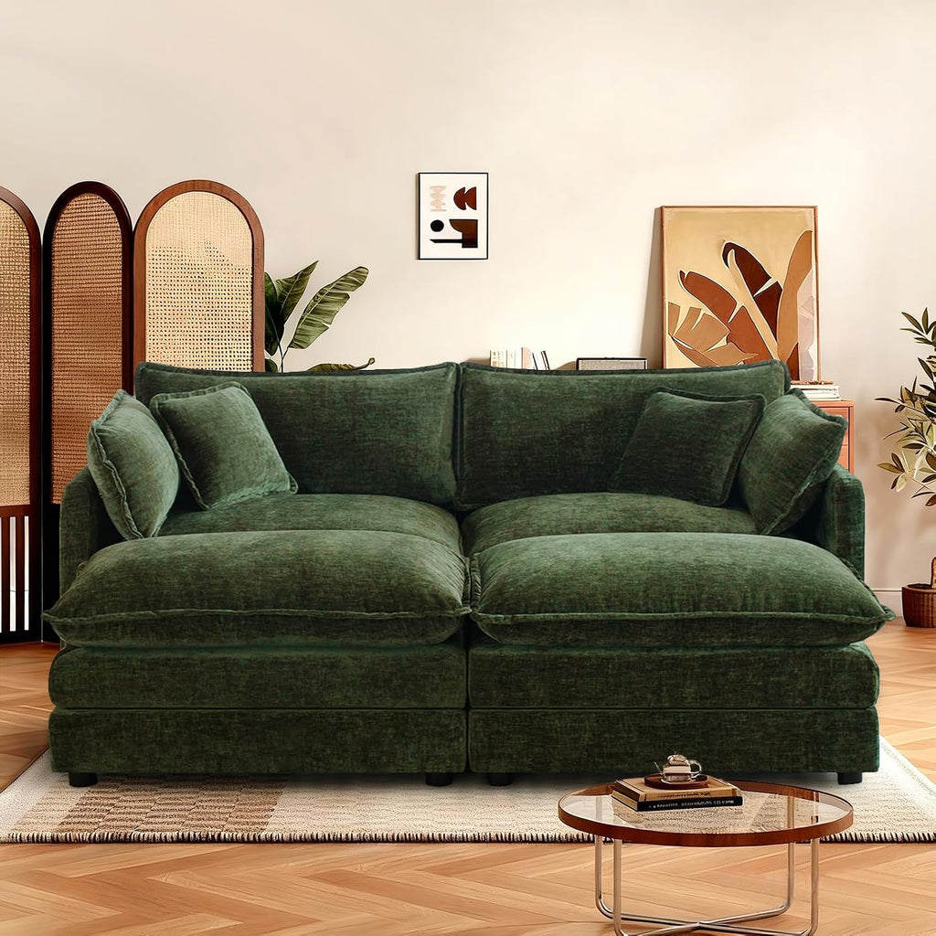 SoarFlash Chenille Sectional Sofa, Comfy Modular Coush Sofa with Ottoman, Modern 2 Seat Recliner Deep Seat Sofa Set for Living Room,Green
