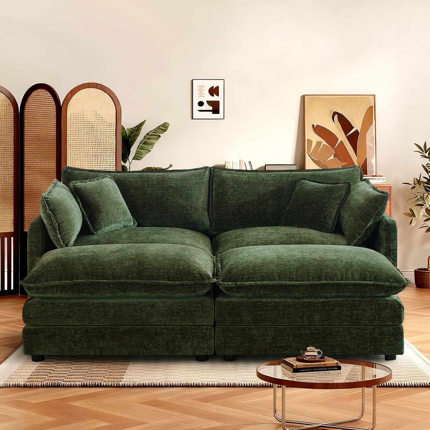 SoarFlash Chenille Sectional Sofa, Comfy Modular Coush Sofa with Ottoman, Modern 2 Seat Recliner Deep Seat Sofa Set for Living Room,Green