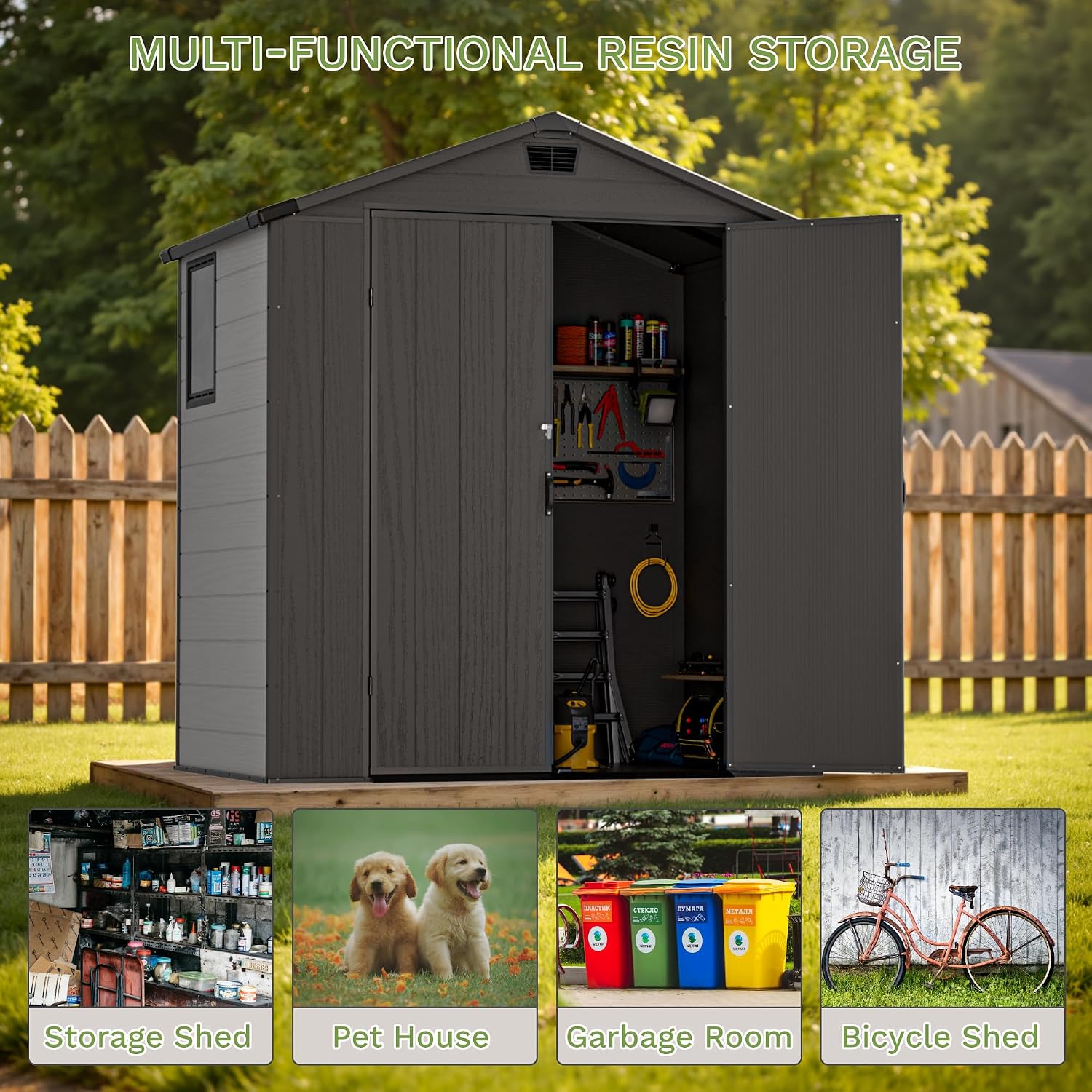 Greesum 6x4FT Plastic Outdoor Storage Shed with Floor, Resin Sheds with Lockable Double Door, Tool Sheds with Vents and Window, for Garden, Backyard, Patio, Dark Gray