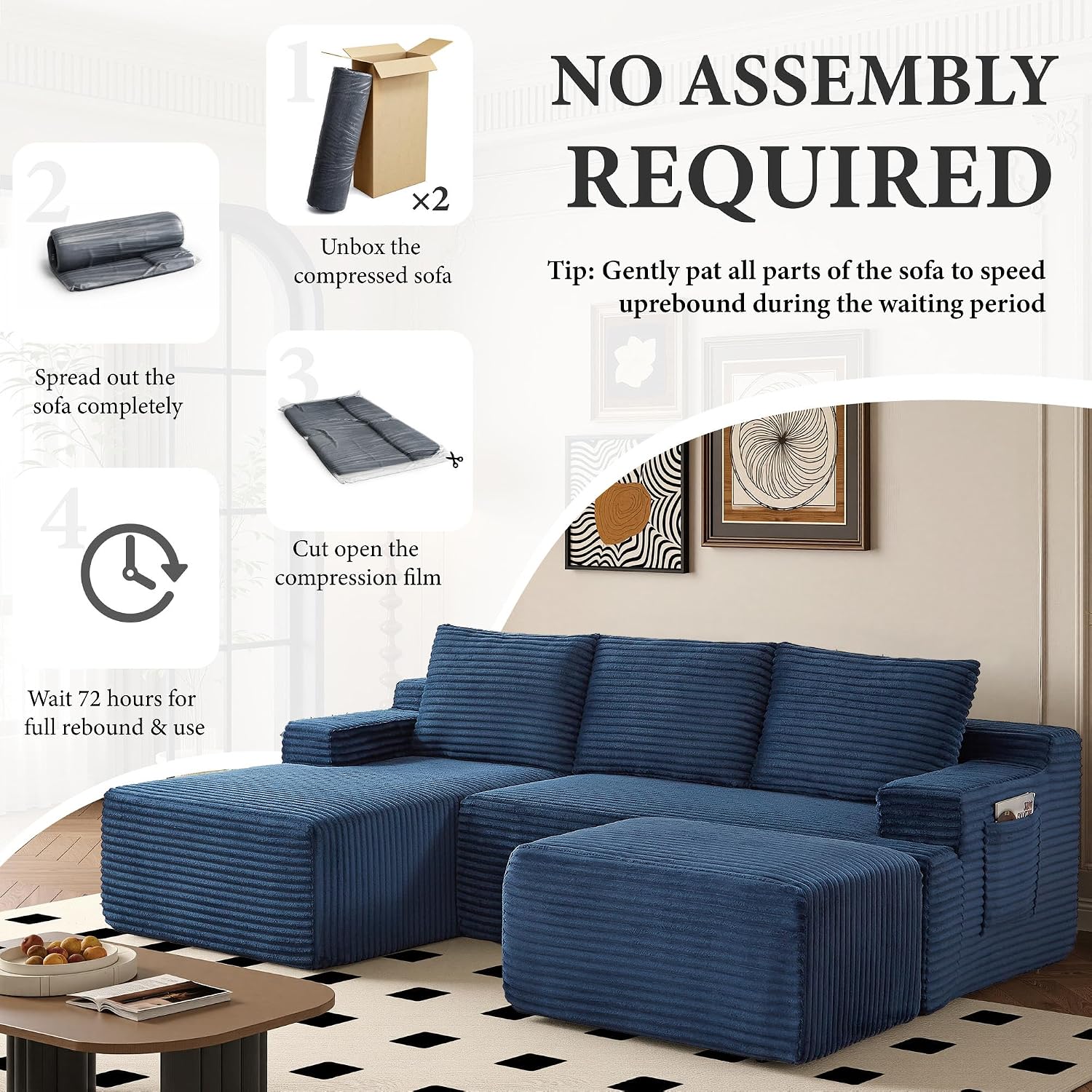 96' Sectional Couches for Living Room Cloud Couch Sofa with L-Shape Upholstered Boneless Couchs Modern Modular Sectional Couch with Chaise (Bule, 96' W+Left Facing Chaise+2Seaters+Ottoman)