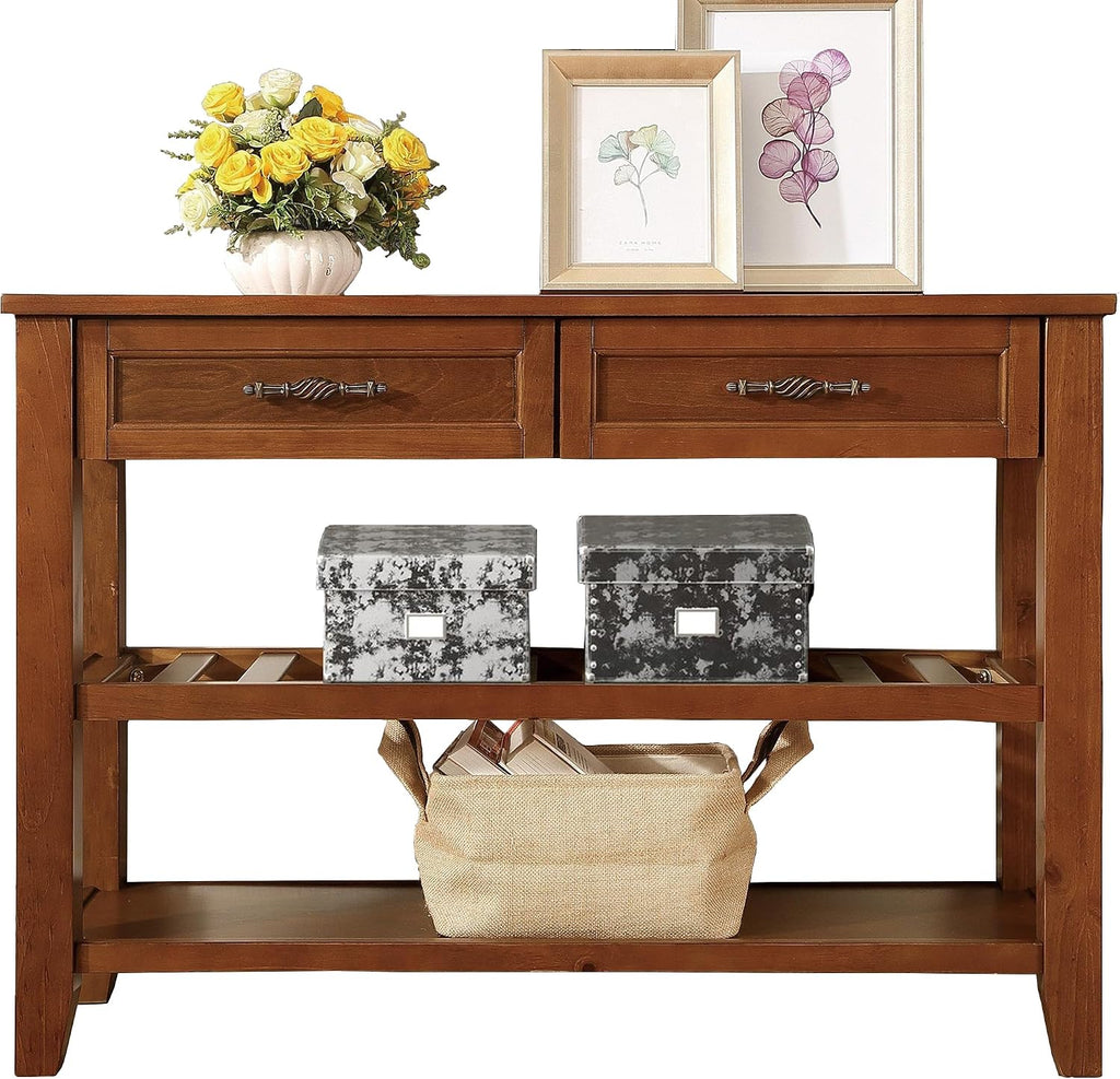 LKTART Solid Wood Console Table Entryway Table with Storage Drawers and Shelves Sofa Tables,Entryway Table for Living Room,Behind the Couch Table (42' Brown)
