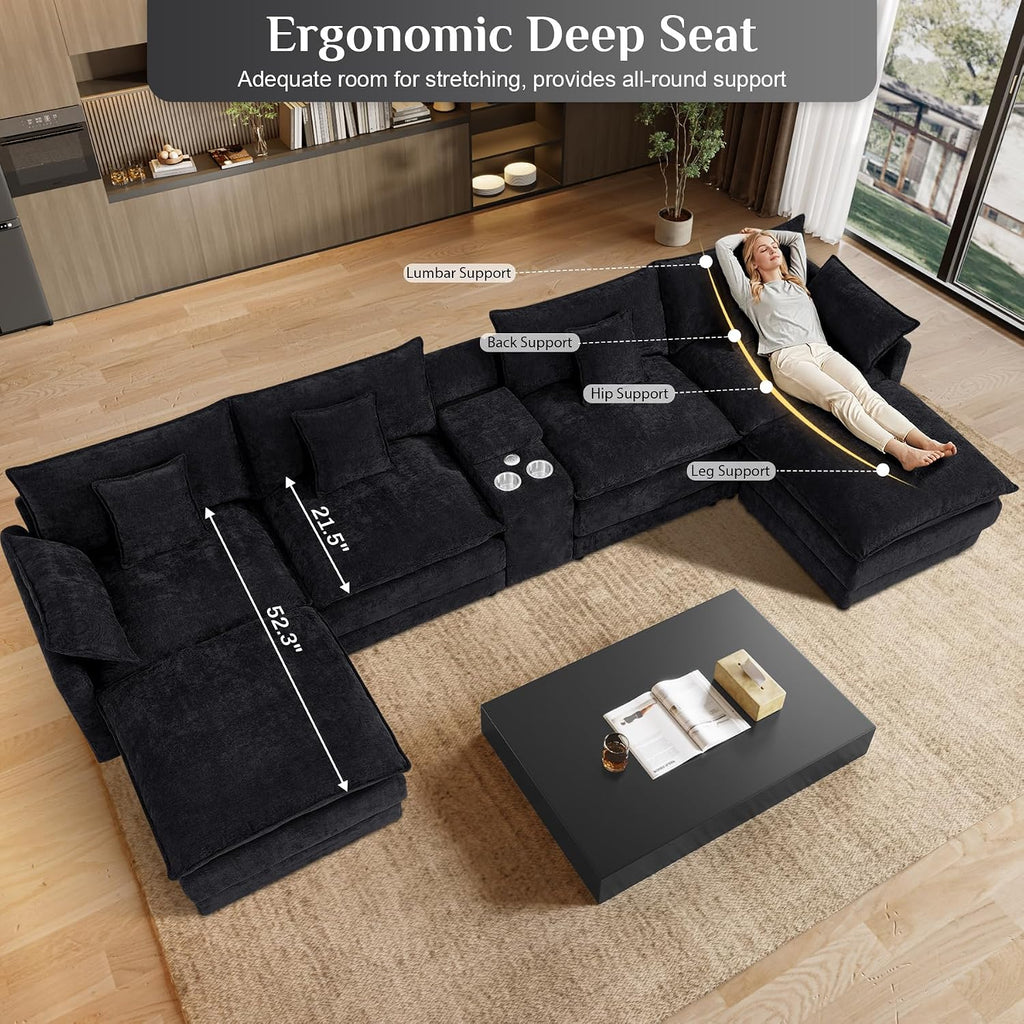 145' Oversized Modular Sectional Sofa U Shaped Cloud Couch Modern 6 Seat Sofa Set for Living Room Comfy Chenille Deep Seat with Storage Central Console, Movable Ottomans, Cup Holders, USB Ports, Black