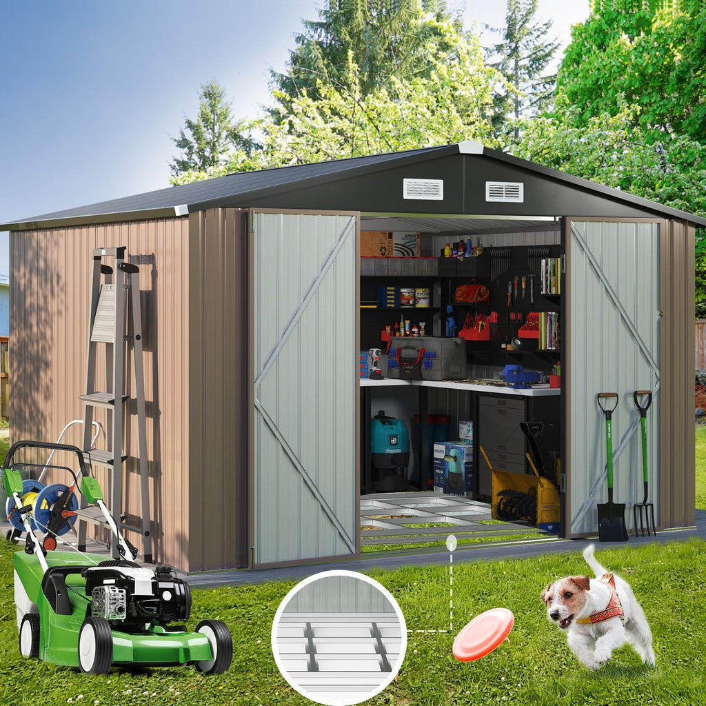 Outdoor Storage Shed 8x10 FT, Utility Steel Tool Shed with Lockable Door and Air Vents, Galvanized Metal Shed for Garden Backyard Patio Lawn (8' x 10') Brown,G37009-12