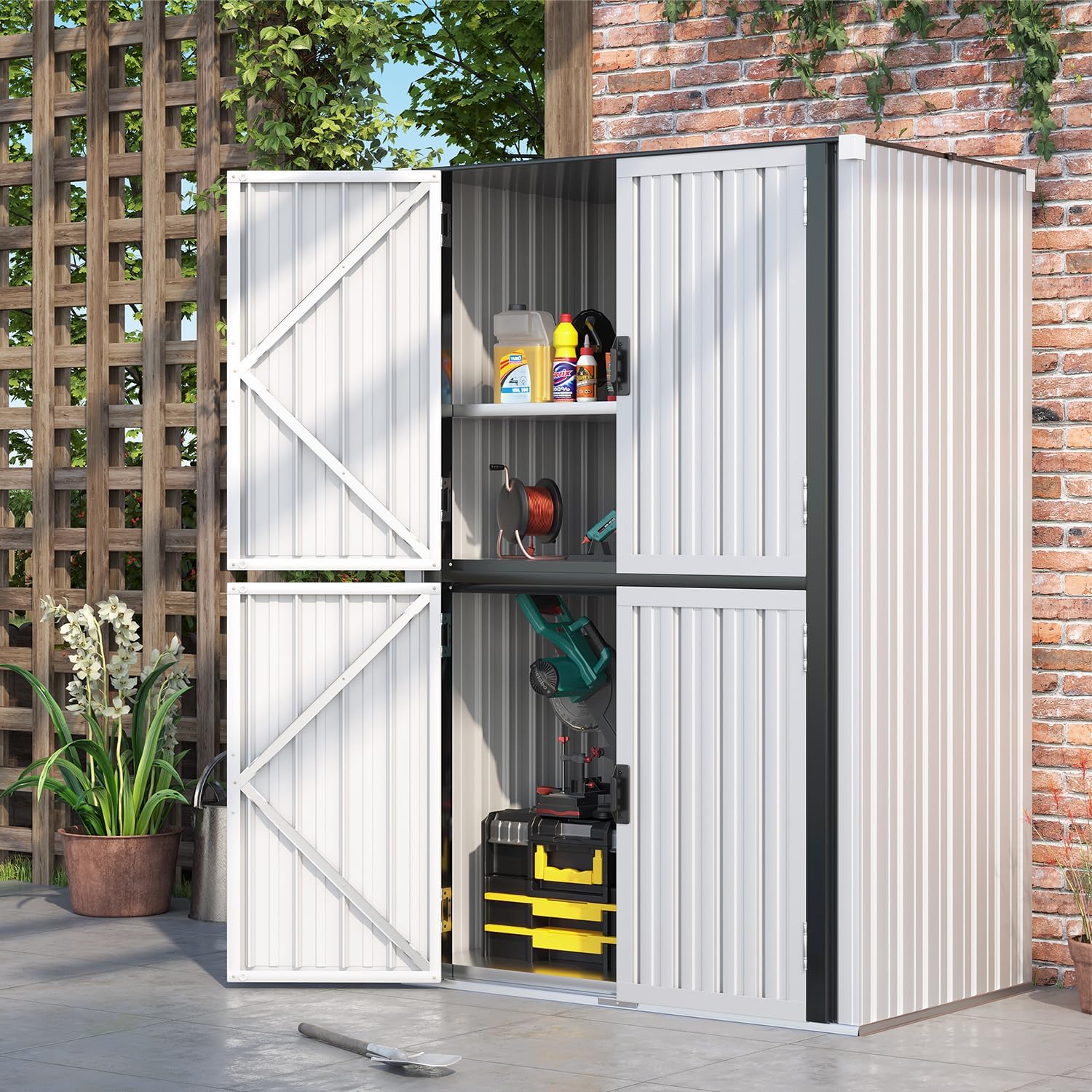 AECOJOY Outdoor Storage Cabinet Waterproof, Large Tall Vertical Outdoor Cabinets Waterproof with Shelves, Lockable Storage Cabinet Metal Storage Shed Weatherproof Garden Sheds & Outdoor Storage White