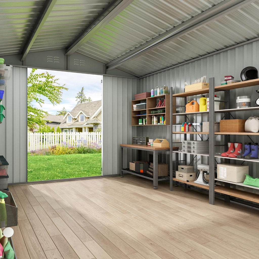 JAXPETY 10x12 FT Outdoor Storage Shed, Garden Shed with Lockable Doors, Tool Sheds for Backyard Garden Patio Lawn, Grey