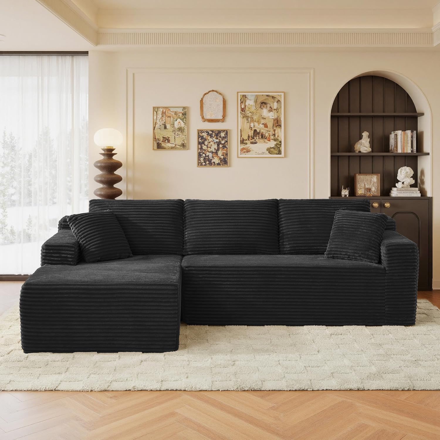 96' Sectional Couches for Living Room Cloud Couch Sofa with L-Shape Upholstered Boneless Couchs Modern Modular Sectional Couch with Chaise (Black, 95' W+Left Facing Chaise+2Seaters)