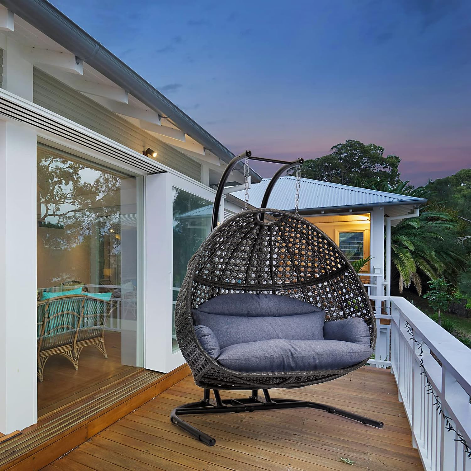 Qwork 2-Person Hanging Egg Chair with Stand, Wicker Rattan Hanging Swing Chair, Hammock Swing Chair UV Resistant Cushion with Stand for Indoor Bedroom Outdoor Garden Backyard