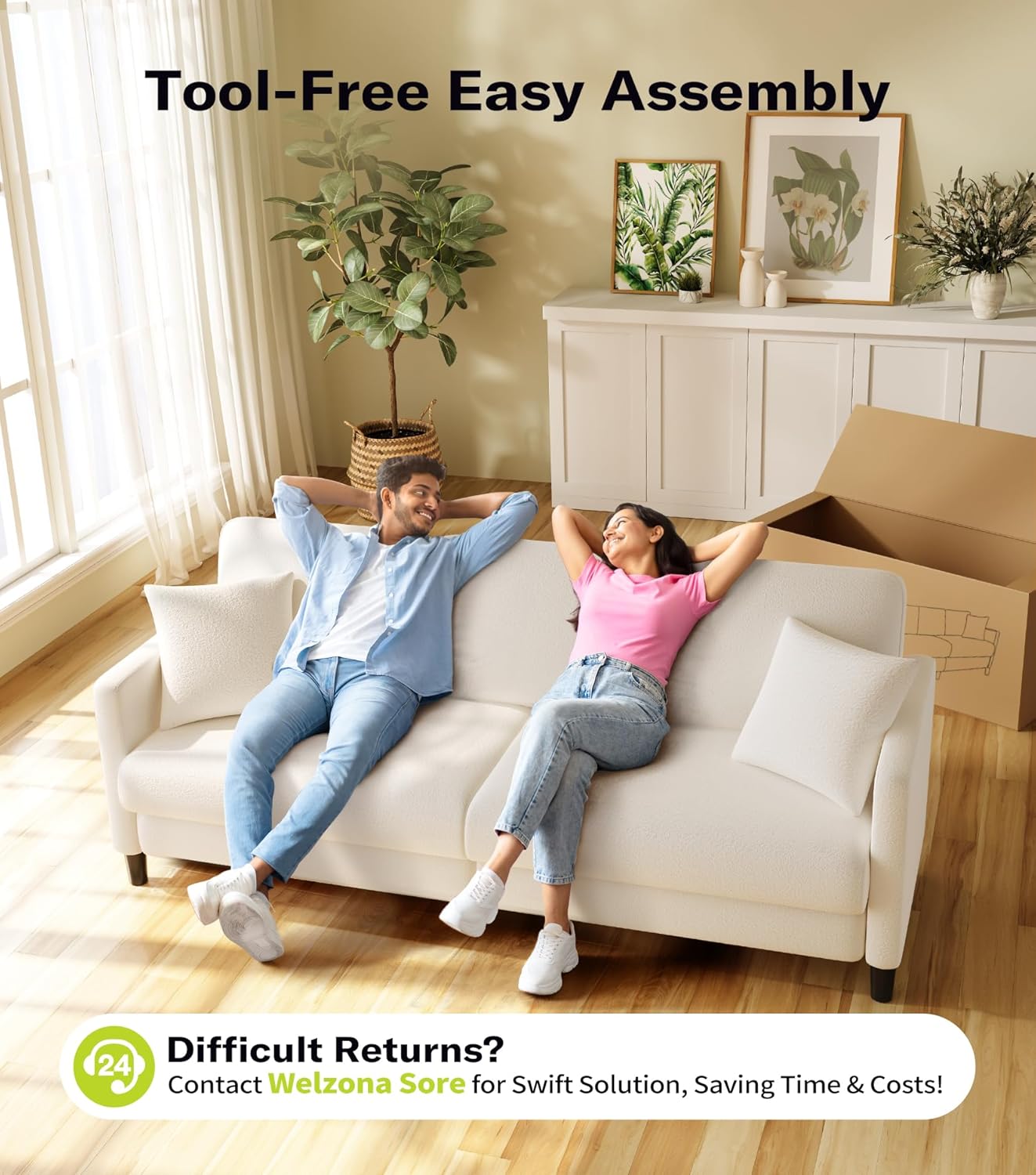 Welzona 83' Couches for Living Room, Teddy Sofa Couch, Comfy Sofas for Living Room, Tool-Free Setup Loveseat Sofa, All-Wood Love Seat Couches, Small Couch 2 Pillows Included, Cream White