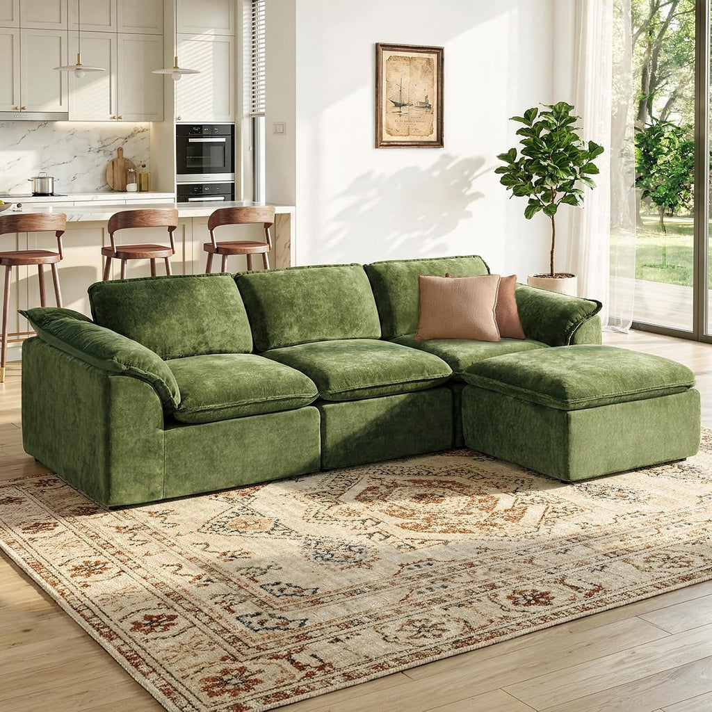 HALLYBEE 112' Cloud Couch Sectional with Padded Armrests & Moveable Ottoman Boneless Sectional Couches for Living Room Green Couch, No Assembly Required